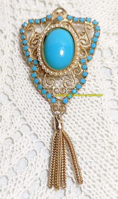 Pearl Turquoise Tassel Pendant Brooch Vintage Filigree Fashion Jewelry Necklace