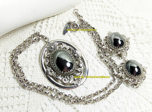 Whiting Davis Hematite Necklace Earrings Vintage Designer Pendant Fashion Jewelry