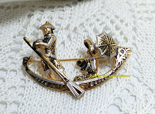 Spain Damascene Brooch Blue Enamel Couple Boat Vintage Fashion Jewelry