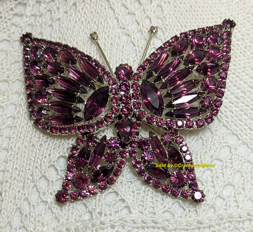 Butterfly Brooch XL Amethyst Purple Rhinestone Vintage Fashion Jewelry