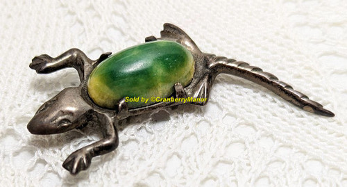 Sterling Silver Chrysoprase Lizard Brooch Salamander Vintage Fine Jewelry