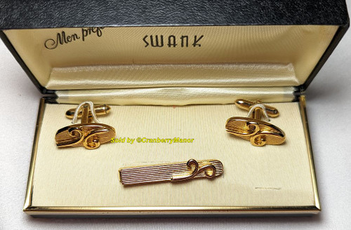 Swank Fancy Swirl Cuff Links Cufflinks Tie Bar Vintage Men's Jewelry Original Box