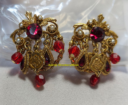 Ruby Pearl Earrings Red Dangle Goth Jewelry Vintage Fashion Gift