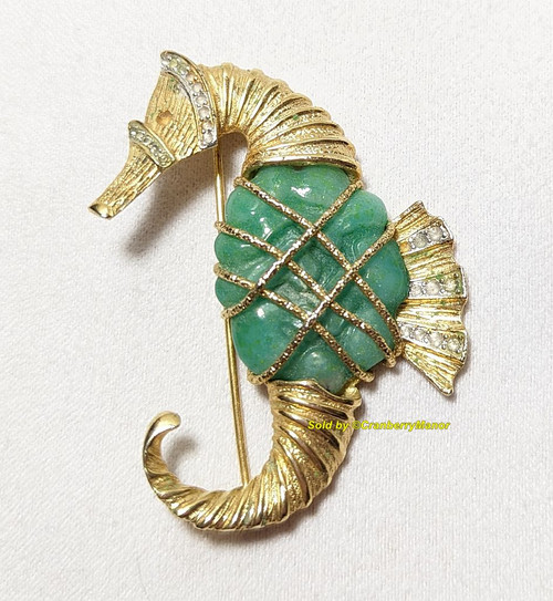 Kramer Brooch Seahorse Pin Jade Green Lucite Jewelry Vintage Designer Fashion Gift