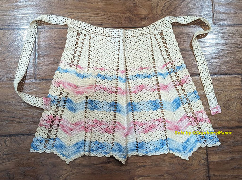 Crochet Apron Pink Blue Vintage Linen Kitchen Textile