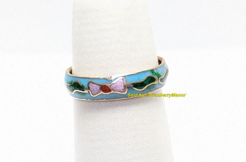 Enamel Ring Blue Pink Flower Vintage Fashion Jewelry Size 6