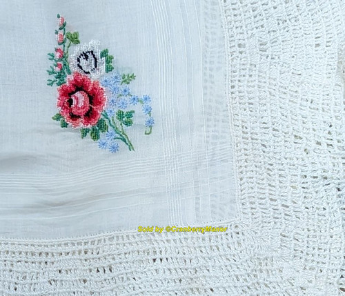 Rose Handkerchief Embroider Hankie Vintage Crochet Linen Hanky