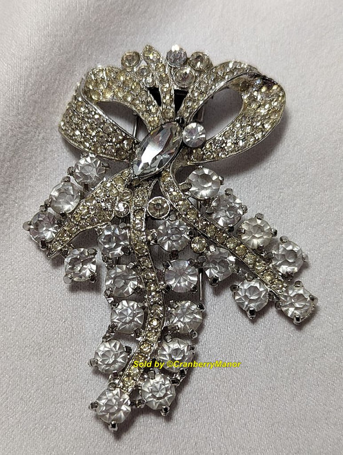Coro Dress Fur Clip XL Crystal Rhinestone Brooch Vintage Designer Jewelry