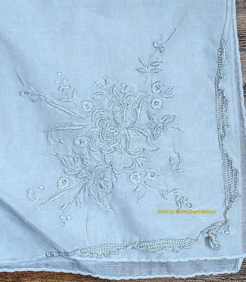 Handkerchief Embroider Floral Spray Edge Hankie Vintage Linen Hanky