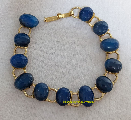 Blue Cabochon Bracelet Glass Oval Vintage Jewelry