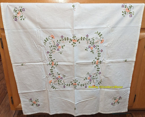 Embroider Tablecloth Purple Peach Flower Table Cloth Vintage Linen