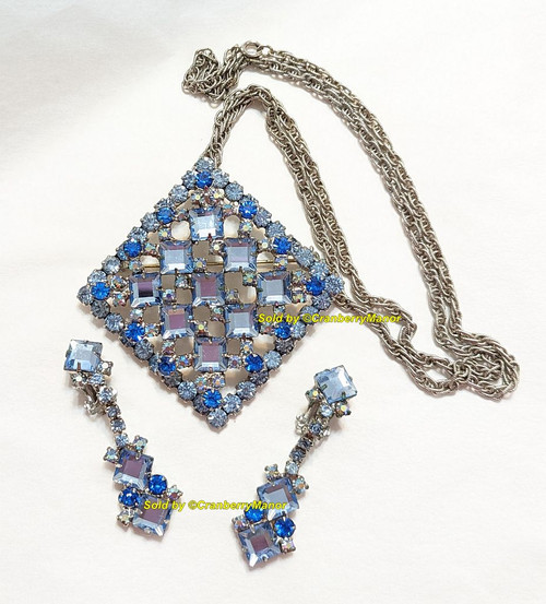 Juliana D&E Brooch Pendant Necklace Earrings Blue Mirror Square Vintage Delizza Elster Designer Jewelry