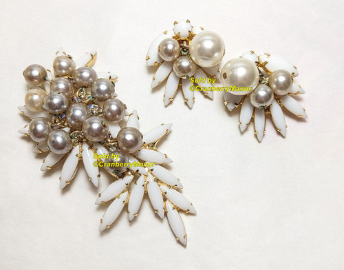 Juliana D&E Brooch Earrings Pearl Dangle Bead Milk Glass Pin Vintage Delizza Elster Designer Jewelry