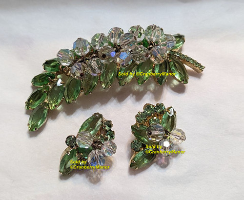 Juliana D&E Brooch Earrings Green Dangle Crystal Bead Pin Vintage Delizza Elster Designer Fashion Jewelry