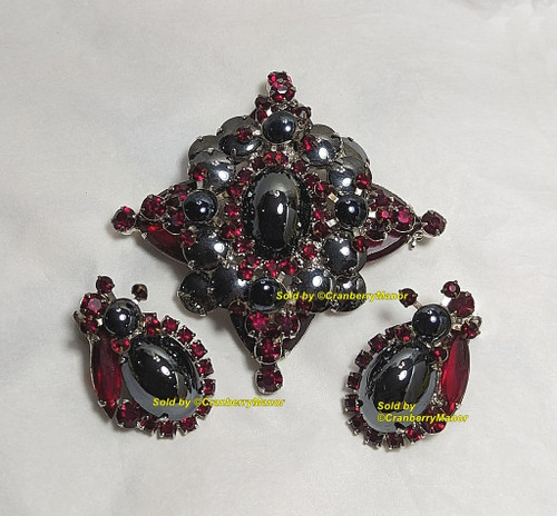 Juliana D&E Brooch Pendant Earrings Ruby Red Hematite Pin Necklace Vintage DeLizza Elster Designer Jewelry