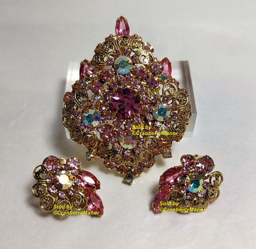 Juliana D&E Brooch Pendant Earrings Pink Filigree Scroll Pin Necklace Vintage Delizza Elster Designer Jewelry