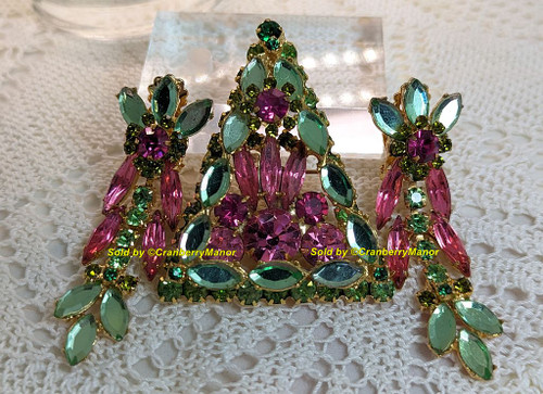 Juliana D&E Brooch Pendant Earrings Rose Pink Green Triangle Pin Necklace Vintage Delizza Elster Designer Fashion Jewelry