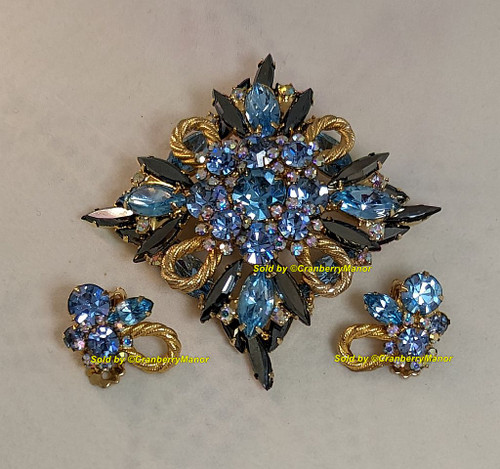 Juliana D&E Brooch Earrings Sapphire Cobalt Blue Twisted Rope Pin Vintage Delizza Elster Designer Jewelry