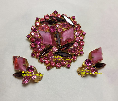 Juliana D&E Brooch Earrings Amethyst Rose Pink Givre Diamond Pin Vintage Delizza Elster Designer Jewelry