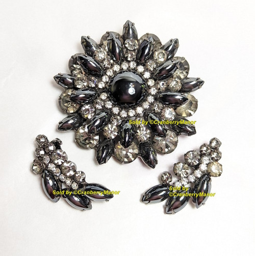 Juliana D&E Brooch Earrings Round Hematite Pin Vintage DeLizza Elster Designer Jewelry