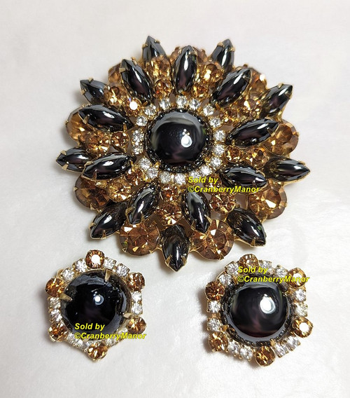 Juliana D&E Brooch Earrings Round Hematite Topaz Pin Vintage DeLizza Elster Designer Jewelry