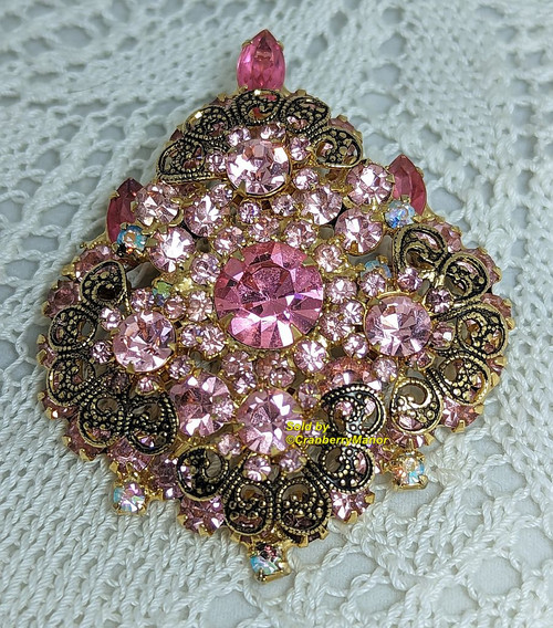 Juliana D&E Brooch Pendant Pink Filigree Floret Pin Necklace Vintage Delizza Elster Designer Jewelry