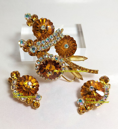 Juliana D&E Brooch Earrings Topaz Rivoli Wire Over Pin Vintage DeLizza Elster Designer Jewelry Gift