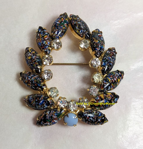 Juliana D&E Brooch Black Murano Millefiori Art Glass Laurel Pin Necklace Vintage Delizza Elster Designer Jewelry