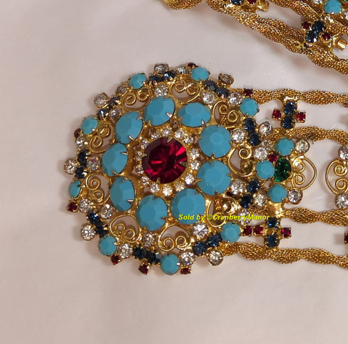 Juliana D&E Weiss Belt Turquoise Sapphire Emerald Ruby Twisted Mesh Filigree Heart Buckle Vintage Delizza Elster Designer Jewelry