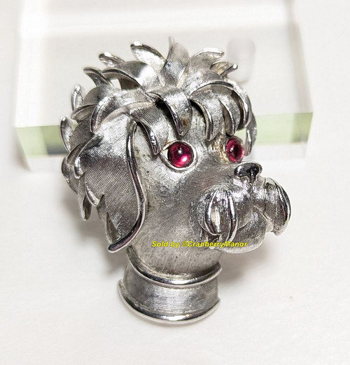 Crown Trifari Brooch Poodle Dog Puppy Pin Vintage Fuchsia Silver Designer Jewelry Gift