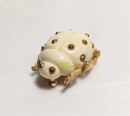 Crown Trifari Brooch Cream Beaded Lucite Ladybug Beetle Pin Vintage Designer Jewelry Gift