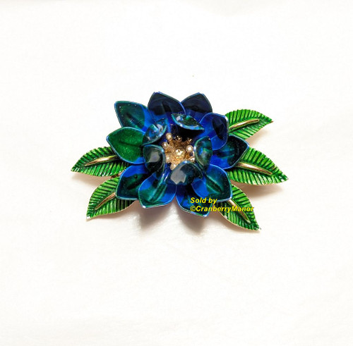 Crown Trifari Brooch Blue Green Lotus Flower Pin Vintage Designer Jewelry Gift