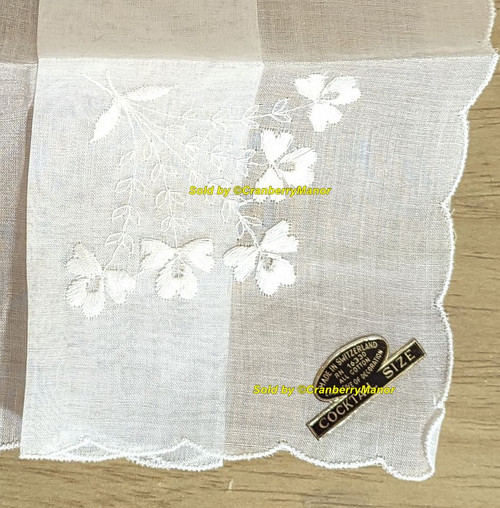 White Violet Switzerland Label Handkerchief Embroider Bride Flower Hankie Vintage Swiss Linen Bridal Hanky Wedding Gift Mid Century Original Tag NOS