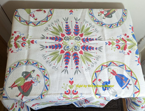 Dutch Country Tablecloth Couple Dancer Flower Heart Table Cloth Cover Vintage Mid Century Linen Gift