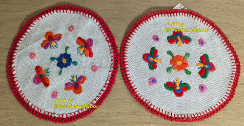 German Embroider Hot Pad Doily Red Orange Dancing Bee Doilies Vintage Flower Linen Gift Lot 2