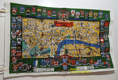 Historical Map of London Hand Dish Tea Towel Green Coat of Arms Linen Vintage Mid Century Souvenir Cloth Gift