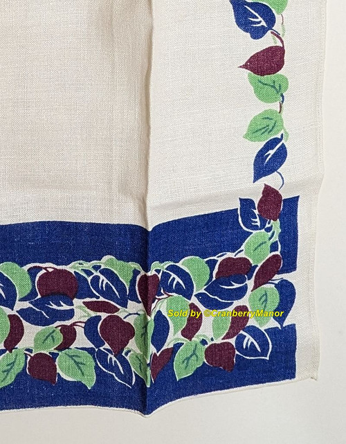 Leaf Hand Dish Tea Towel Blue Green Maroon Linen Vintage Mid Century Cloth Gift Leaf Hand Dish Tea Towel Blue Green Maroon Linen Vintage Mid Century Cloth Gift