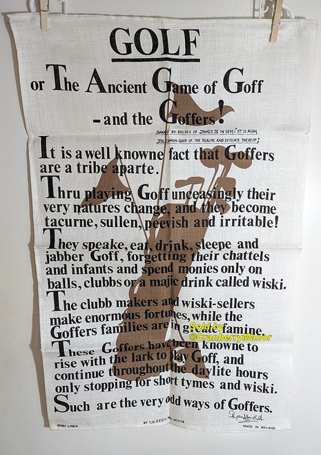 Golf Hand Tea Towel Ulster The Ancient Game of Goff and Goffers Kitchen Décor Linen Vintage Cloth Gift
