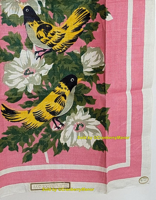 Yellow Bird Hand Dish Tea Towel Pink Linen Vintage Mid Century Cloth Gift NOS Original Tags Paper Labels
