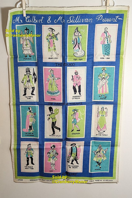 Dunmoy Gilbert Sullivan Opera Hand Tea Towel Made in Ireland Kitchen Décor Linen Vintage France Souvenir Cloth Gift