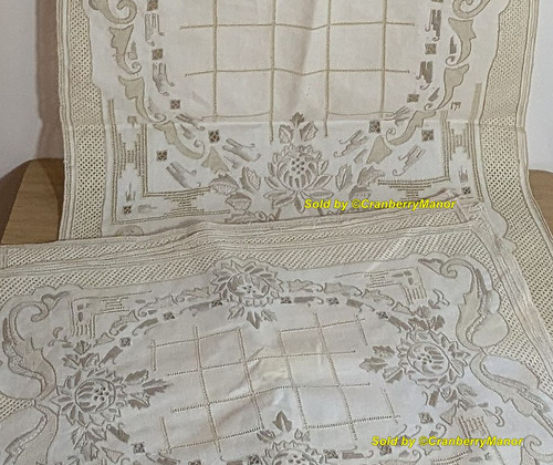 Pierced Lace Embroider Placemat Runner Set Drawn Thread Thistle Flower Table Décor Cloth Vintage Mid Century Linen Gift Lot 9