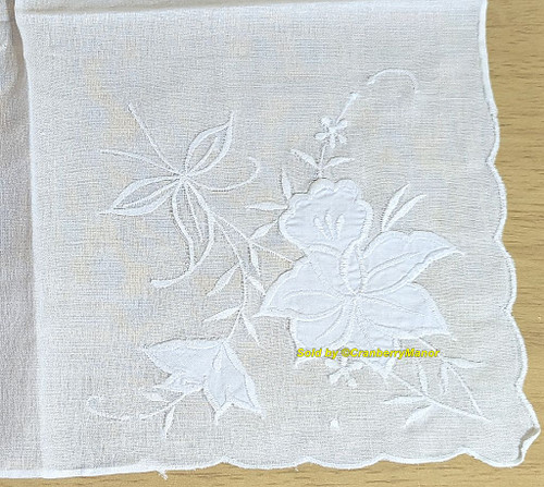 Flower Handkerchief White Embroider Applique Hanky Rolled Hem Bride Hankie Vintage Mid Century Cloth Linen Bridal Gift