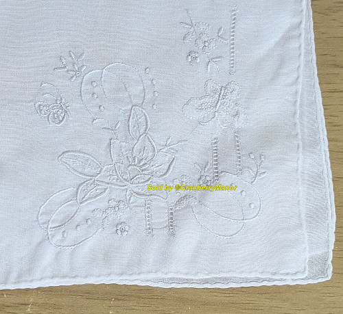 Butterfly Flower Handkerchief White Embroider Hanky French Knot Bride Hankie Vintage Mid Century Cloth Appenzell Linen Bridal Gift