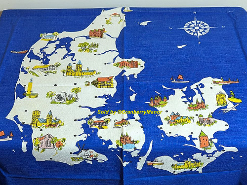Ingrid Pedersen Folk Danish Tablecloth Blue Table Cloth Cover Vintage Mid Century Denmark Designer Linen Gift
