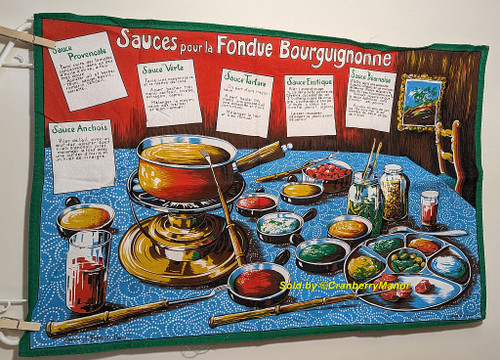 Sauces pour la Fondue Bourguignonne Hand Dish Tea Towel J Franco Paris French Sauce Recipe Cloth Vintage France Linen Gift