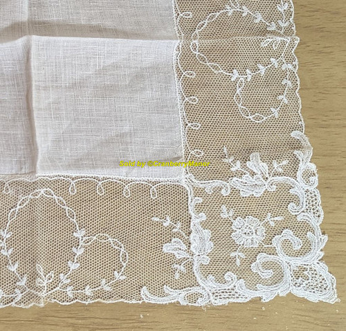 Machine Lace Flower Handkerchief White Hanky Fancy Hem Bride Hankie Vintage Mid Century Cloth Linen Bridal Gift