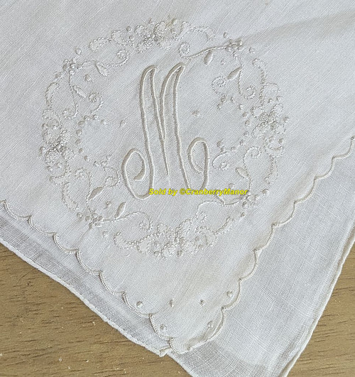 M Monogram Handkerchief White Embroider French Knot Hankie Vintage Linen Hanky Gift