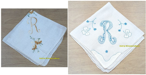 R Monogram Handkerchief Embroider Applique Hankie Vintage Gold Flower Blue Linen Hanky Gift Lot 2 Hankies