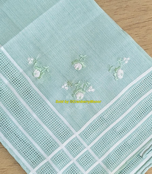 A Treasure Masters Keepsake Handkerchief Green Rose Switzerland Label Embroider Flower Hankie Vintage Swiss Linen Hanky Gift Mid Century Original Tag NOS NWT