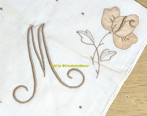 M Monogram Handkerchief Brown Rose Embroider Applique French Knot Hankie Vintage Linen Hanky Gift
